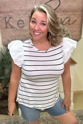 White &amp; Navy Puffy Sleeve Tee