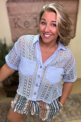 Blue Lace Button Down Top