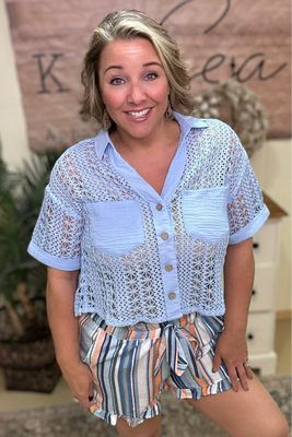 Blue Lace Button Down Top