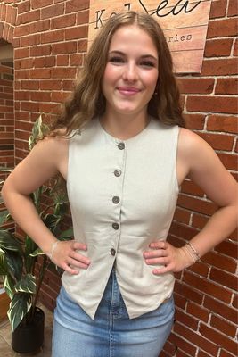 Beige 5 Button Linen Blend Vest