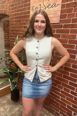 Beige 5 Button Linen Blend Vest