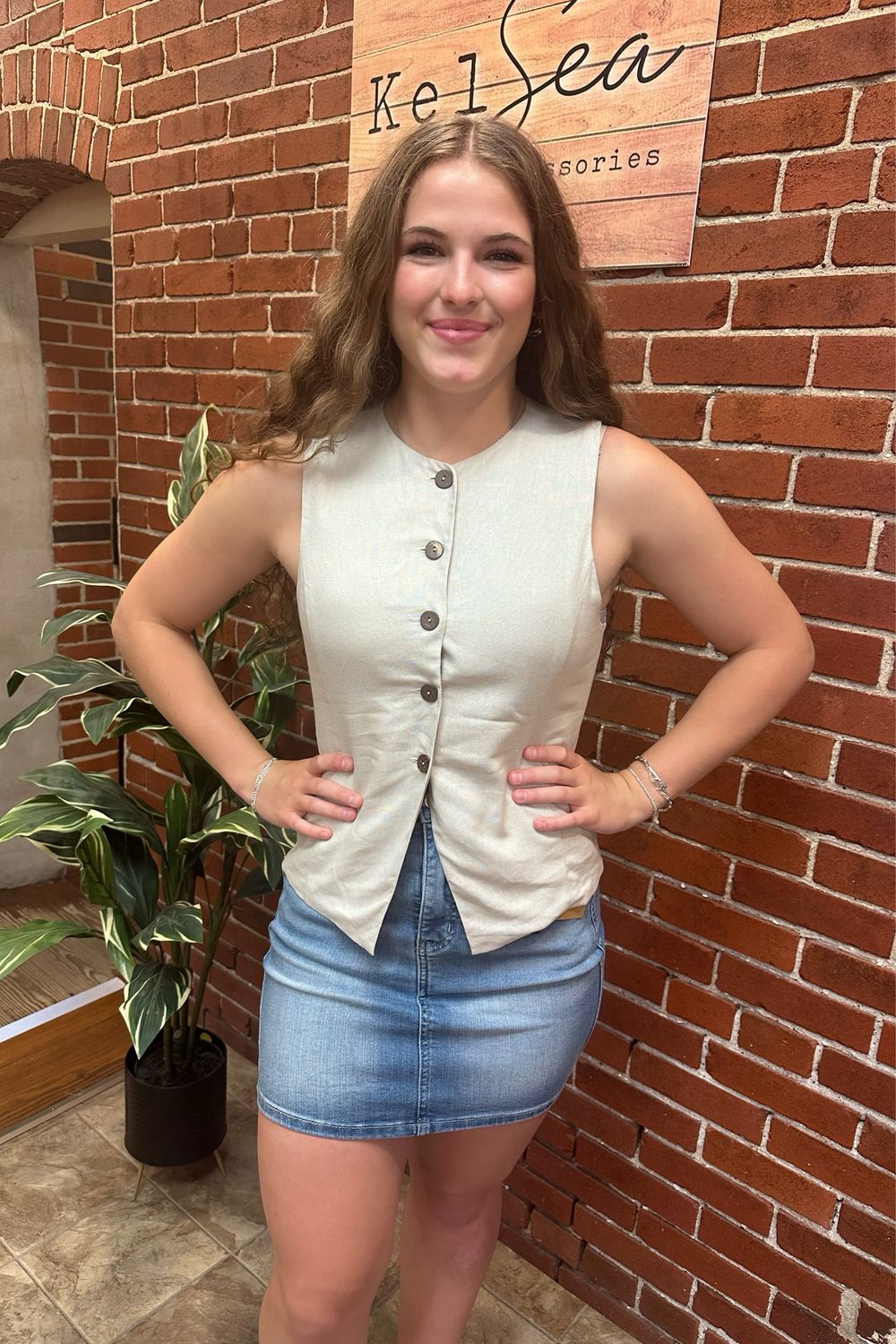 Beige 5 Button Linen Blend Vest
