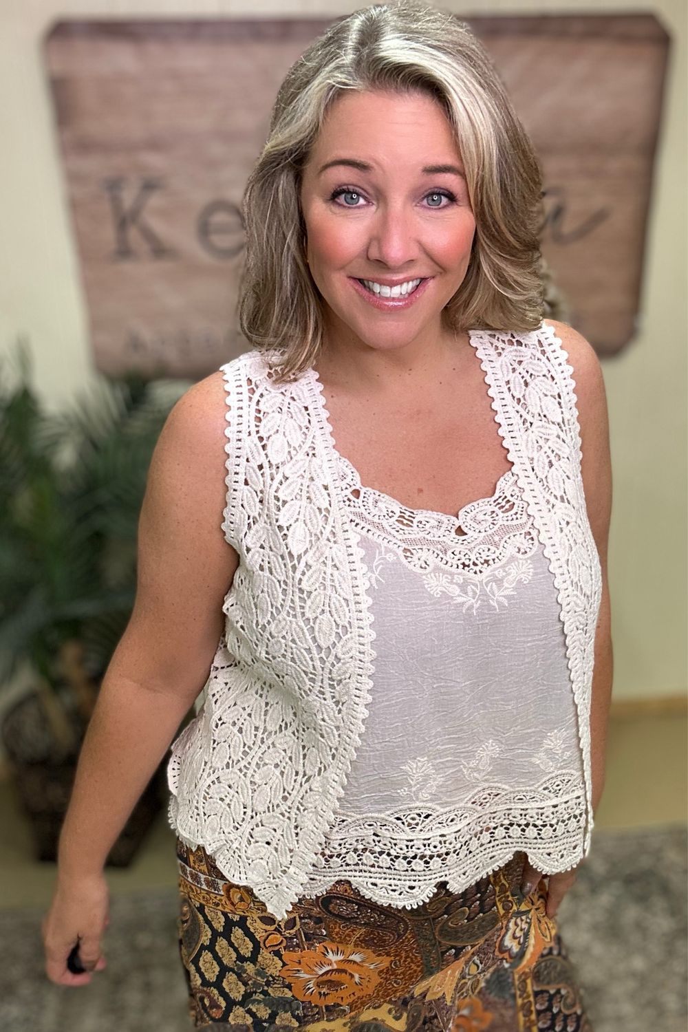 Ivory Leaf Crochet Open Vest