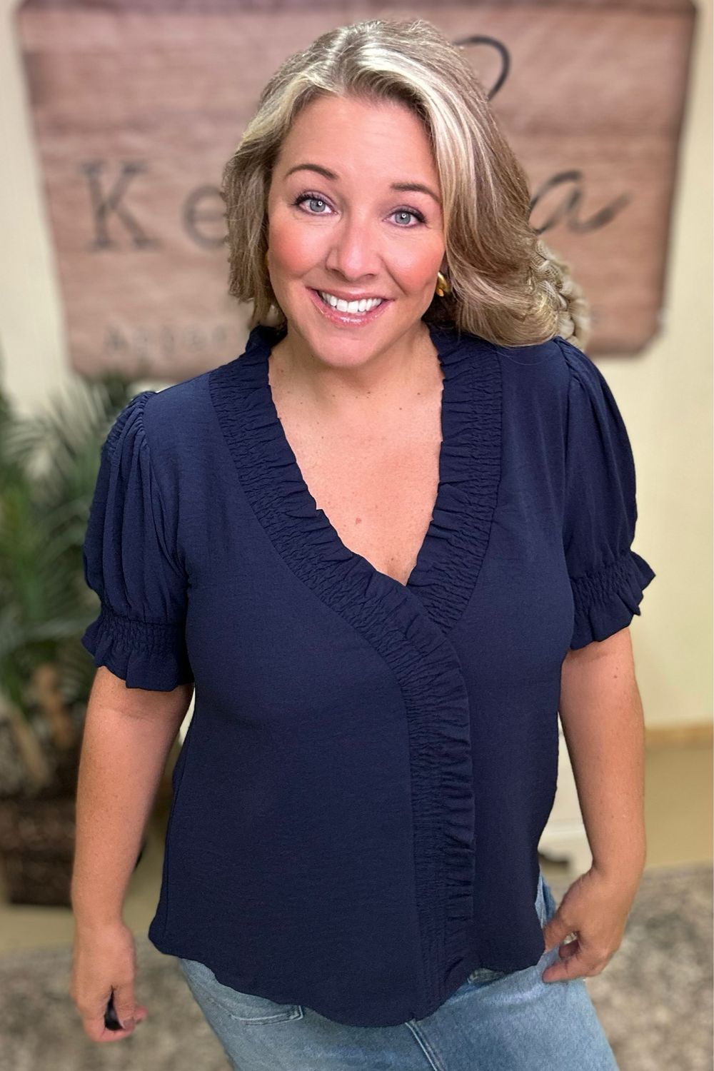 Navy Ruffle Detail Airflow Blouse