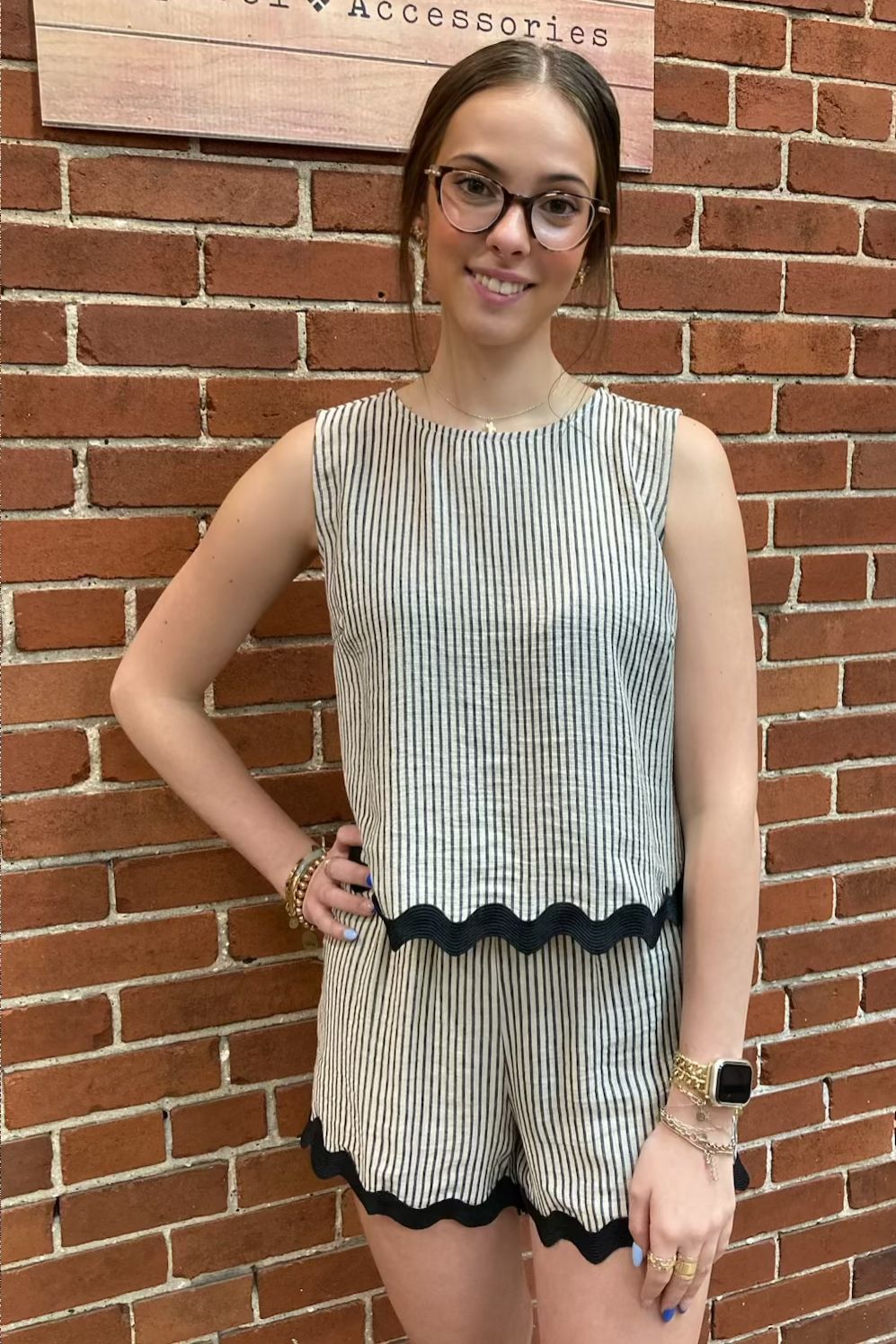 Khaki Striped Wave Hem Top