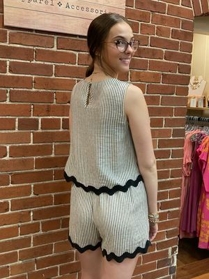 Khaki Striped Wave Hem Shorts