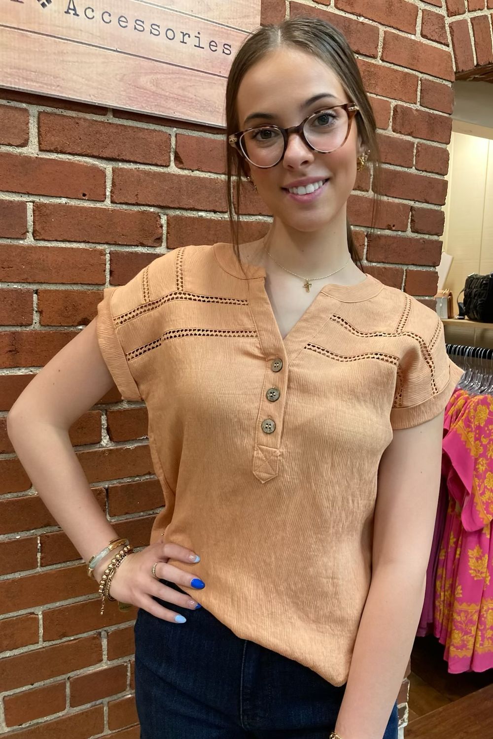 Peach Lace Trim Henley Blouse