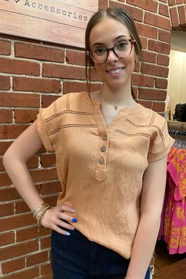 Peach Lace Trim Henley Blouse