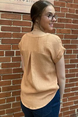 Peach Lace Trim Henley Blouse