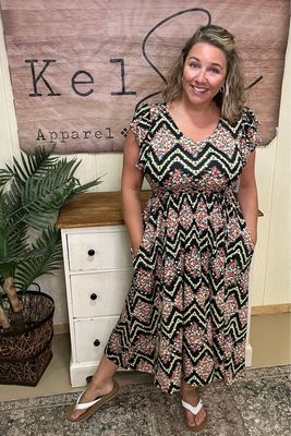 Black Ditzy Floral Midi Dress