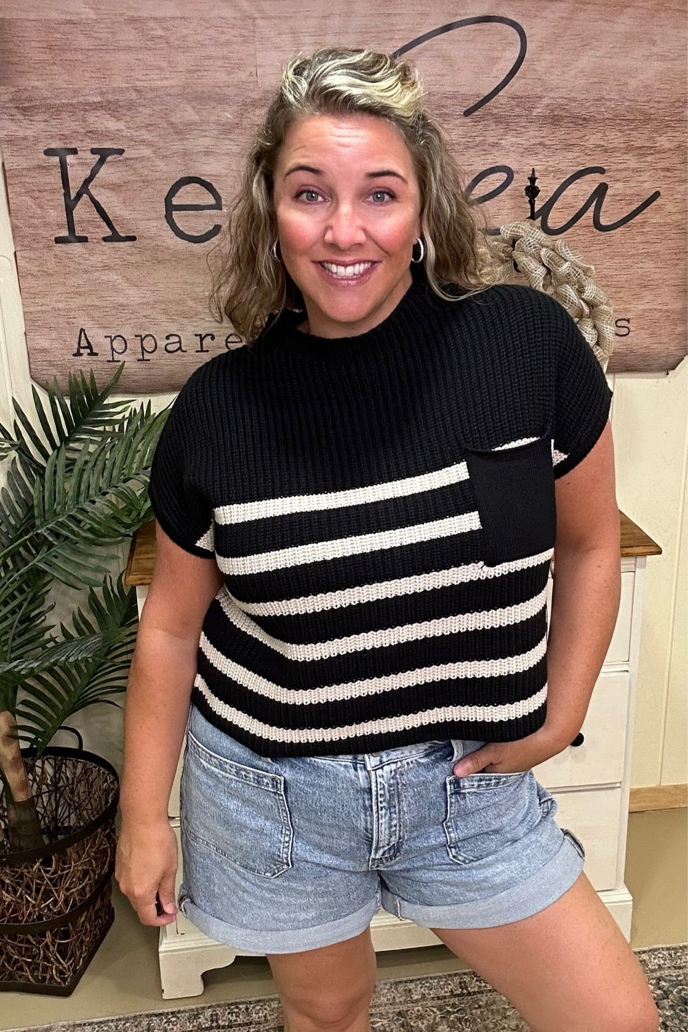 Short Sleeve Black Striped Sweater