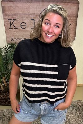 Short Sleeve Black Striped Sweater