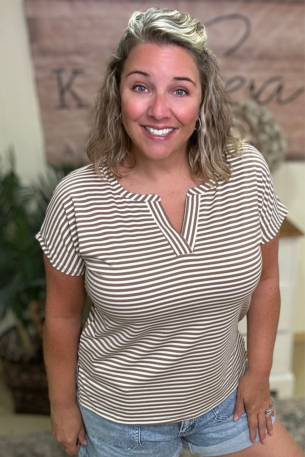 Cocoa Striped Henley Tee
