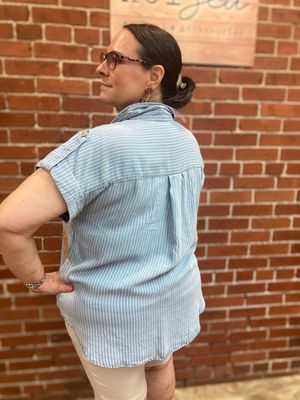 Blue Striped Tab Sleeve Button Up