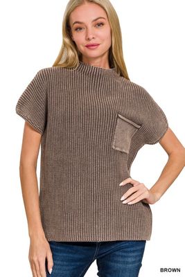 Mock Neck Washed Short Sleeve Sweater