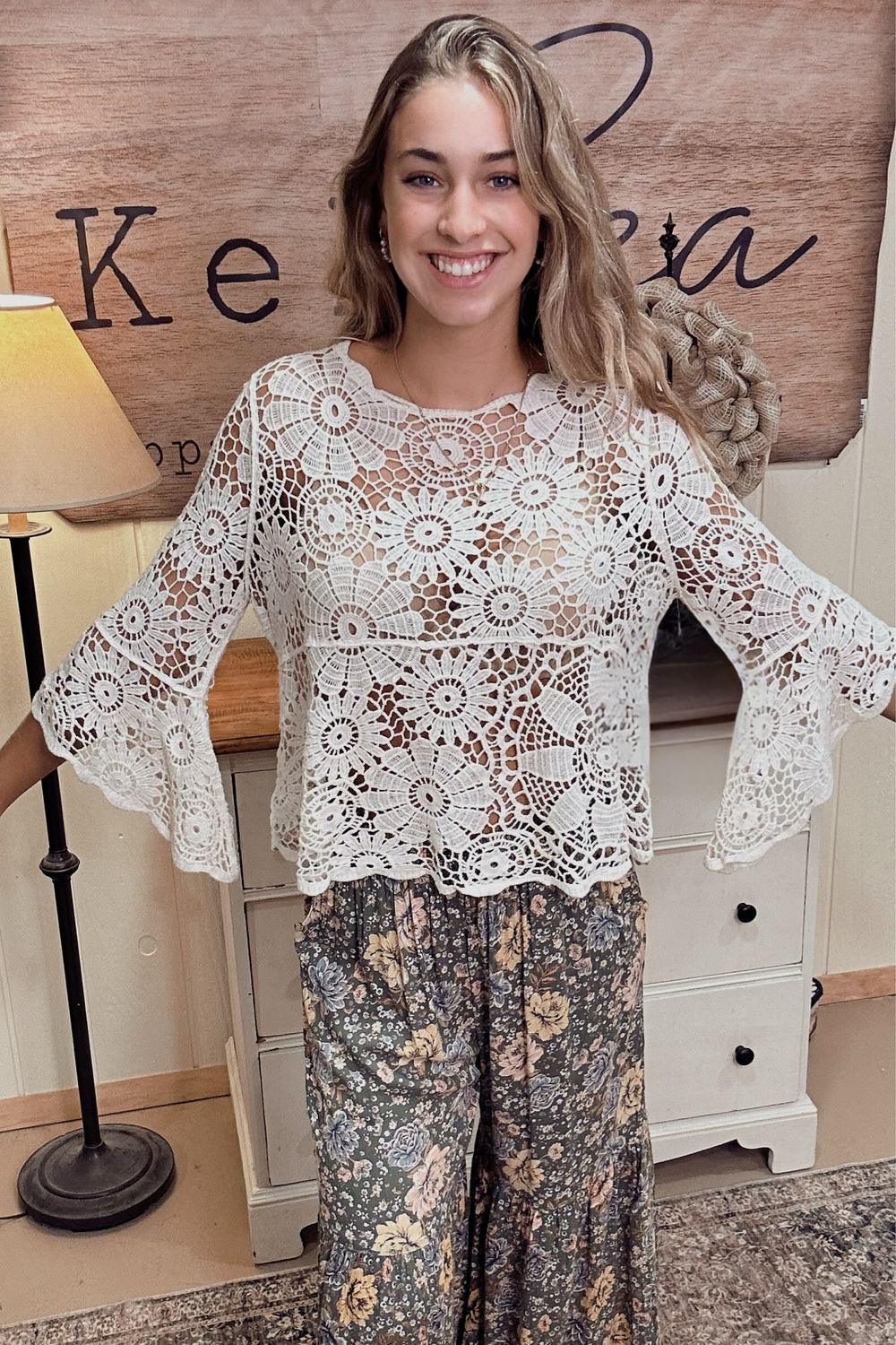 Beige Bell Sleeve Crochet Top