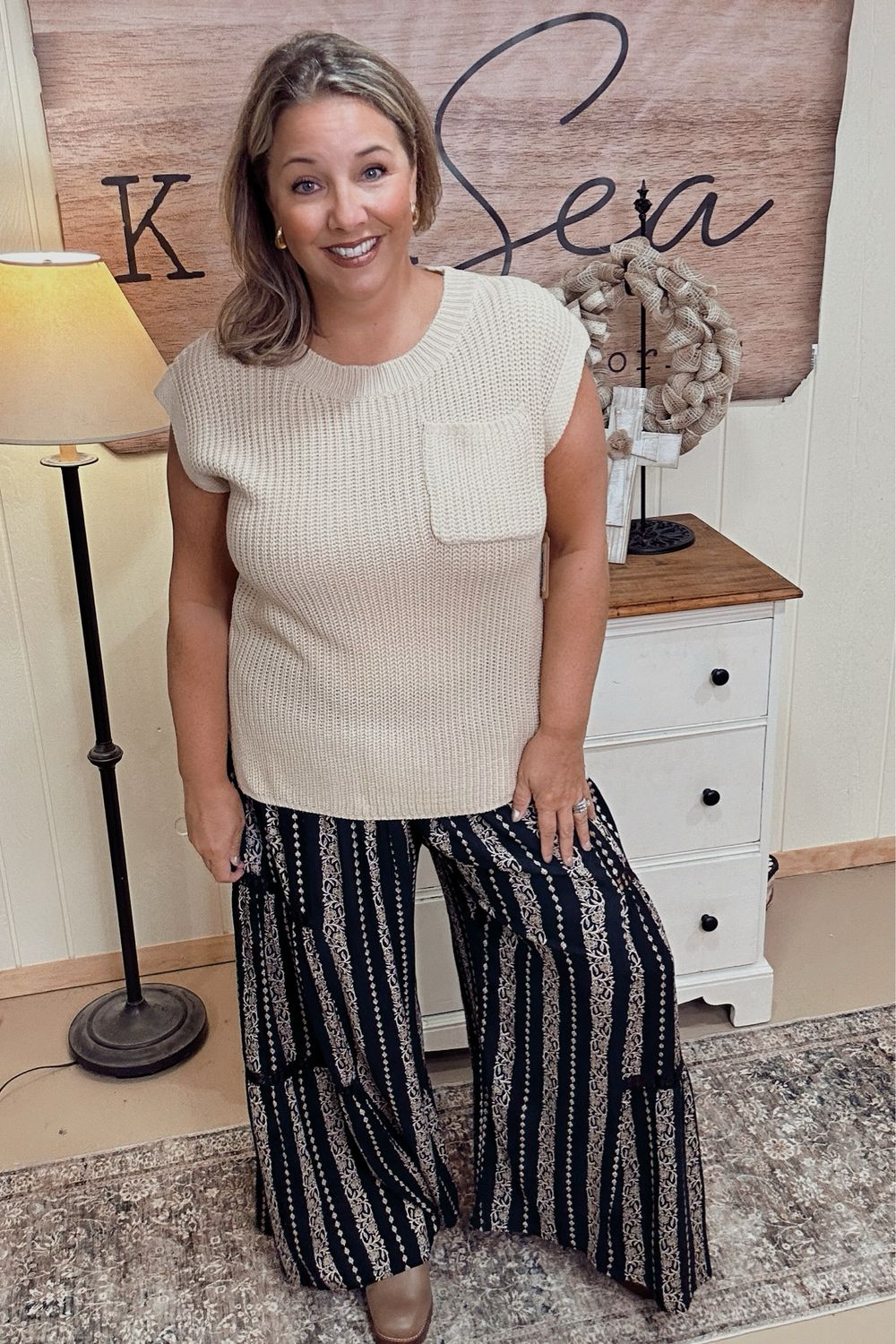 Black Wide Leg Pants with Lace Insets