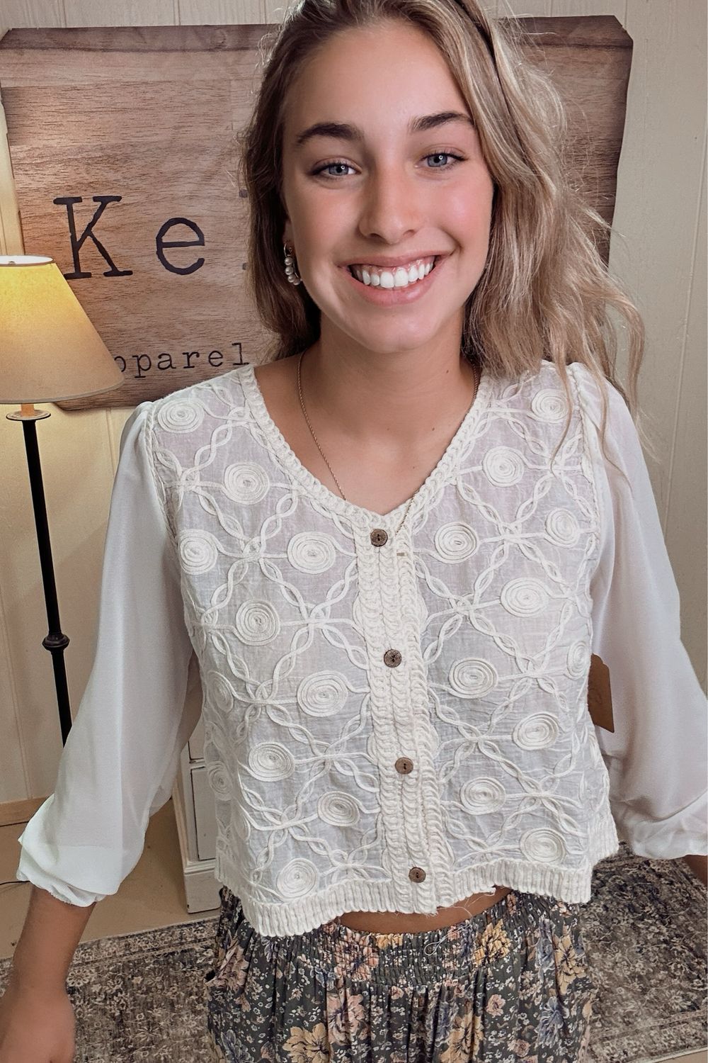 Beige Embroidered Button Top