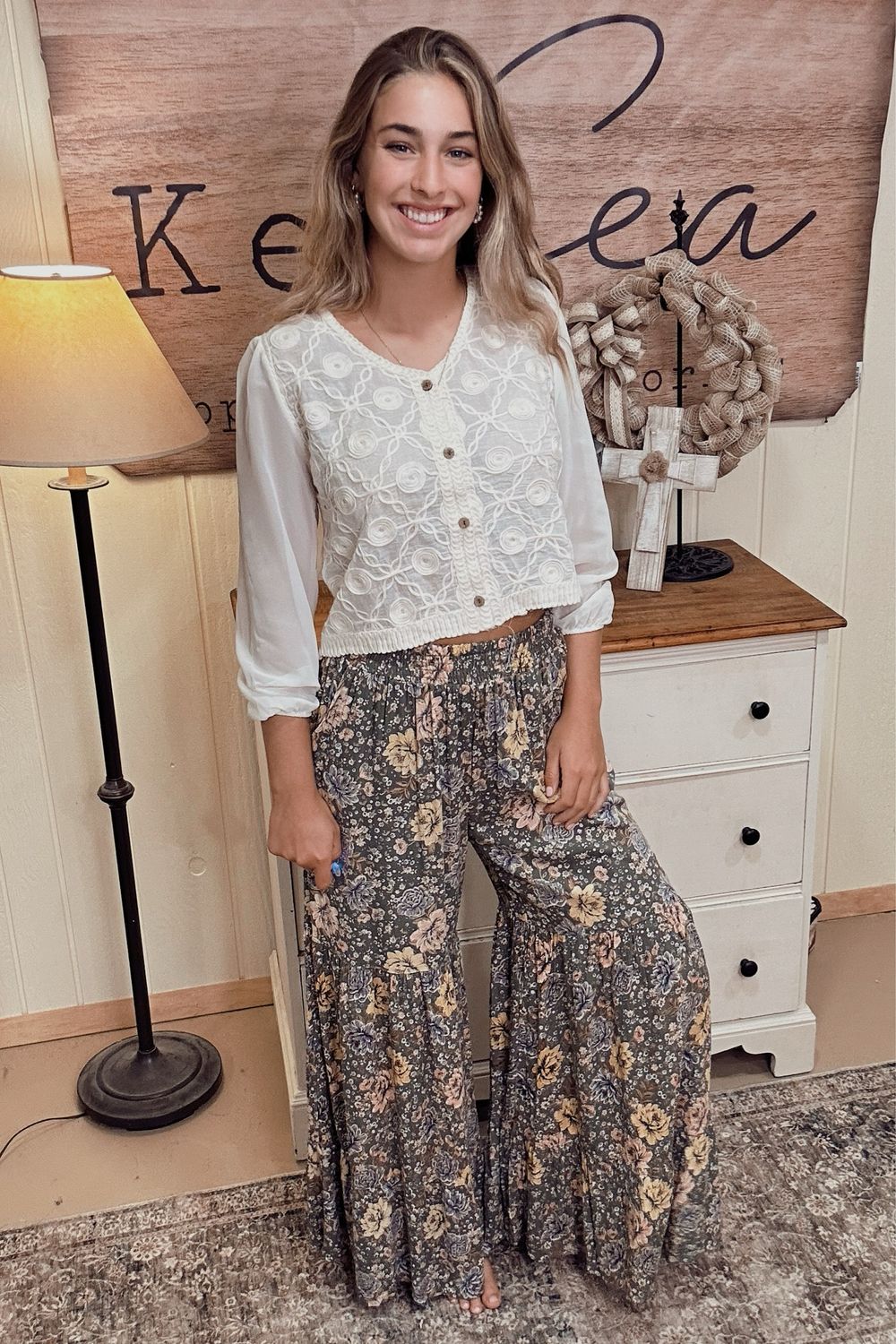 Angie Olive Floral Wide Leg Pant