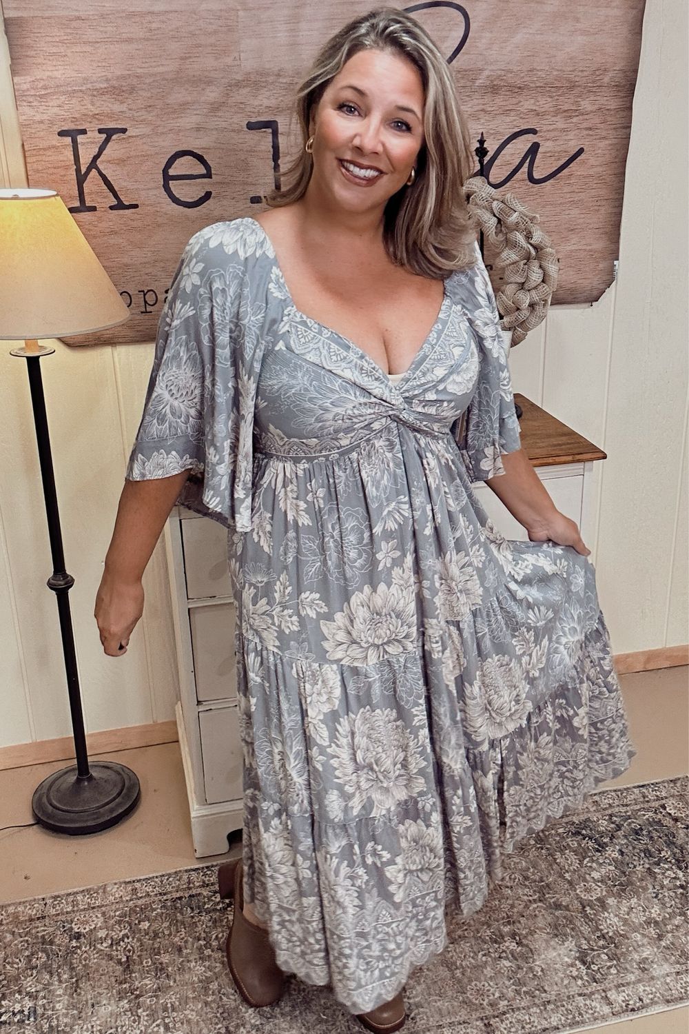 Silver Autumn Floral Twist Front Dress
