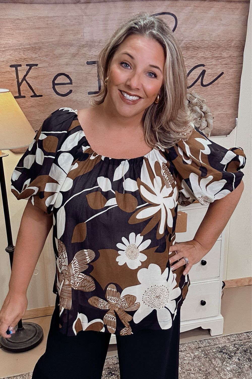Camel Mix Abstract Print Top