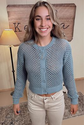 Blue Grey Crochet Knit Cardigan Sweater