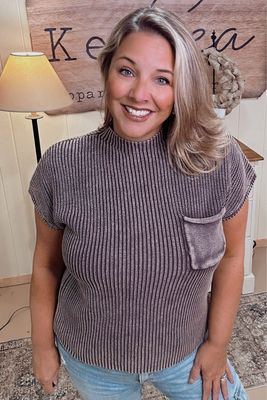 Mock Neck Washed Short Sleeve Sweater