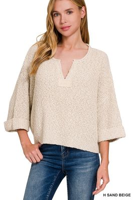 Marble V-Neck Folded Sleeve Pullover