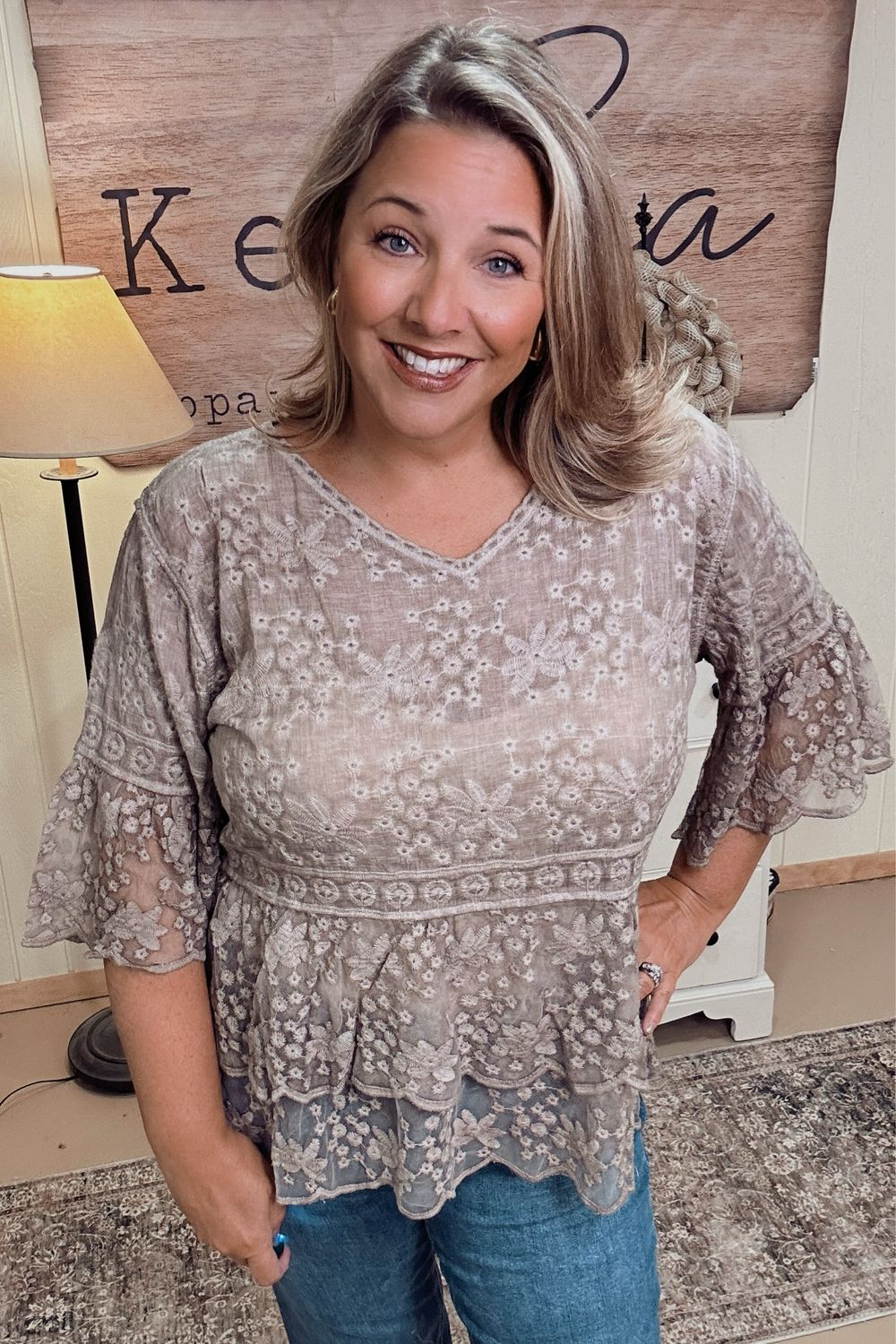 Adora Khaki Bell Sleeve Lace Top
