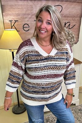 Burgundy Stripe Crochet Sweater