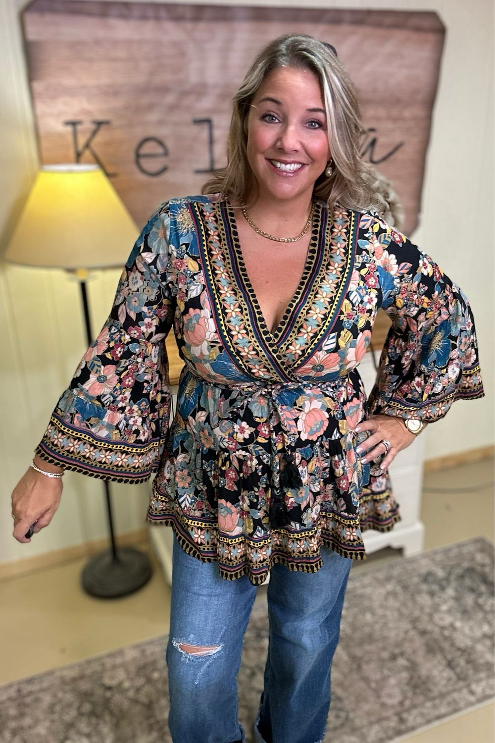 Black Trumpet Sleeve Surplus Blouse