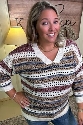 Burgundy Stripe Crochet Sweater