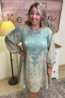 Sage Textured Print Pleated Sleeve LS Dress