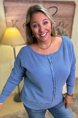 Blue Chunky Waffle Boat Neck Top