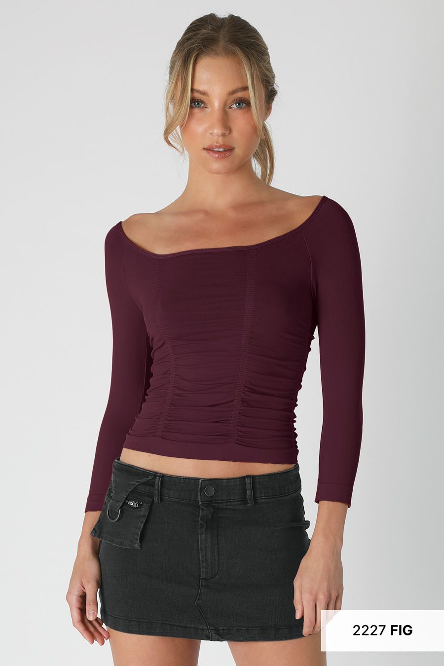 NikiBiki Maroon Shirred Boatneck 3/4 SleeveTop