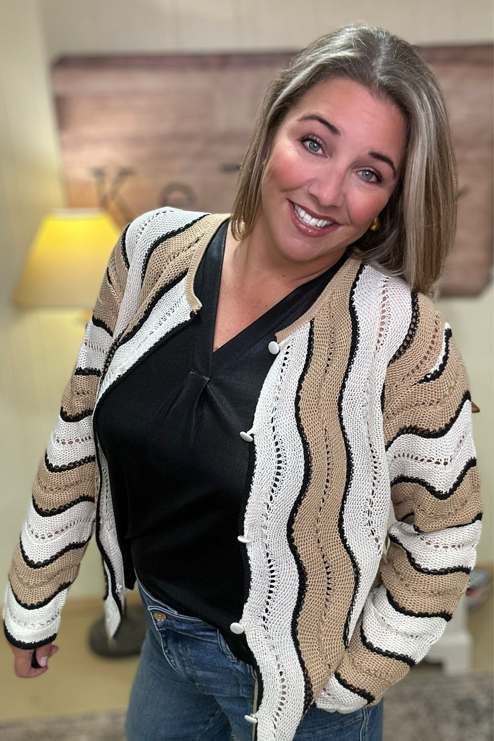 Pointelle Wavy Stripe Cardigan