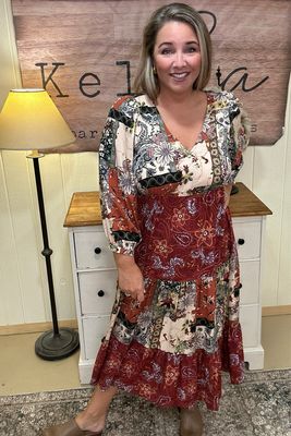 Marsala Mixed Print Keyhole Midi Dress