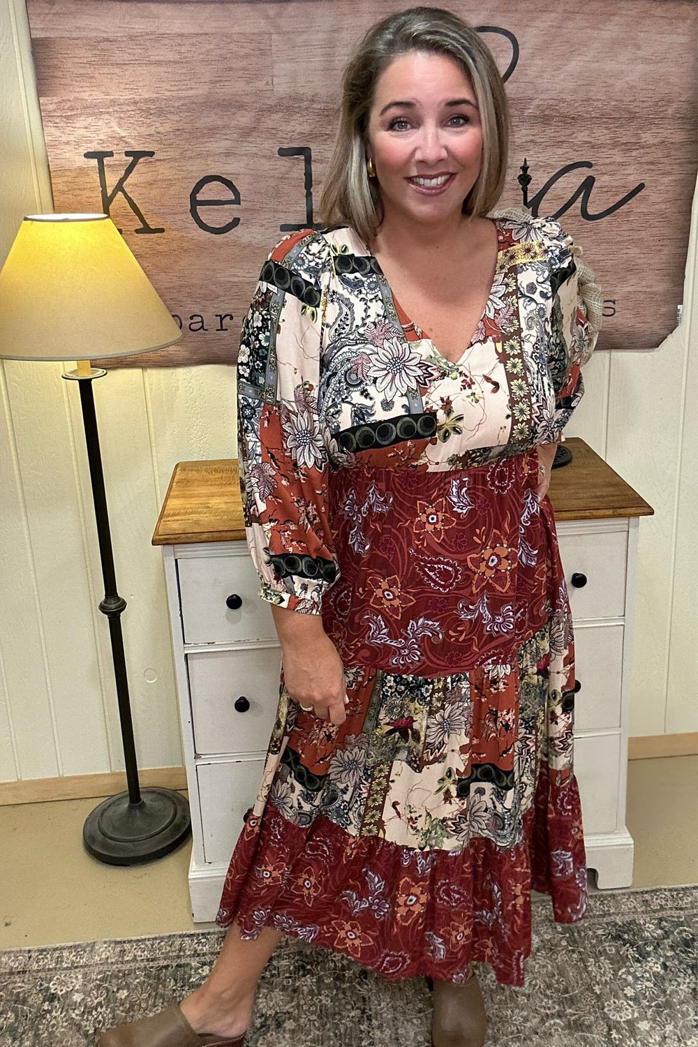 Marsala Mixed Print Keyhole Midi Dress