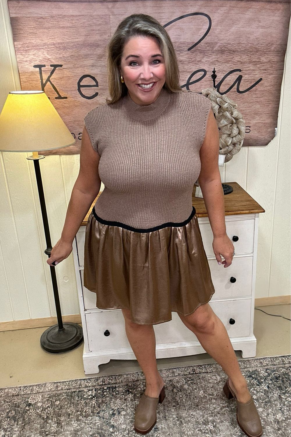 Mocha Mock Nek Knit &amp; Satin Dress