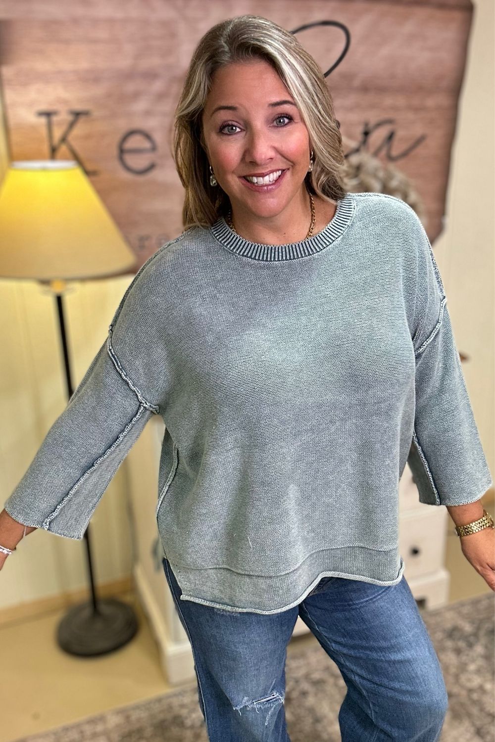 Ash Jade 3/4 Sleeve Washed Sweater