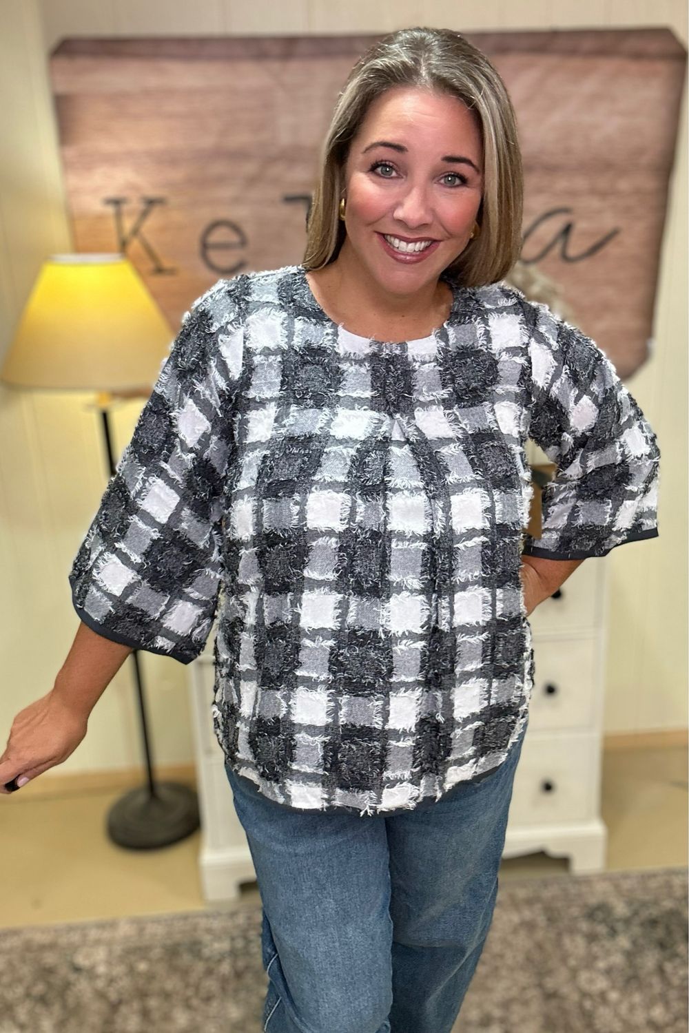 Charcoal Frayed Texture Pleated Top