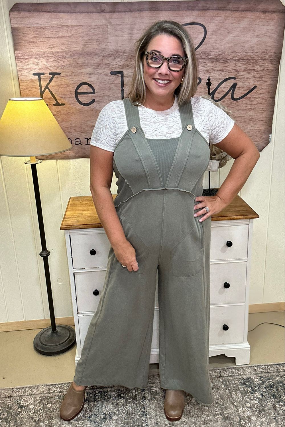 Olive Knit Overalls