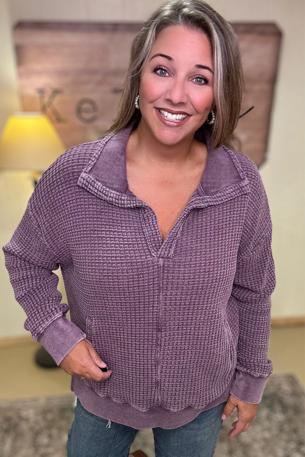 Merlot Waffle Collared Top