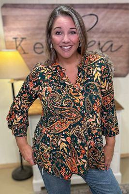 Hunter Green Paisley Bell Sleeve Top
