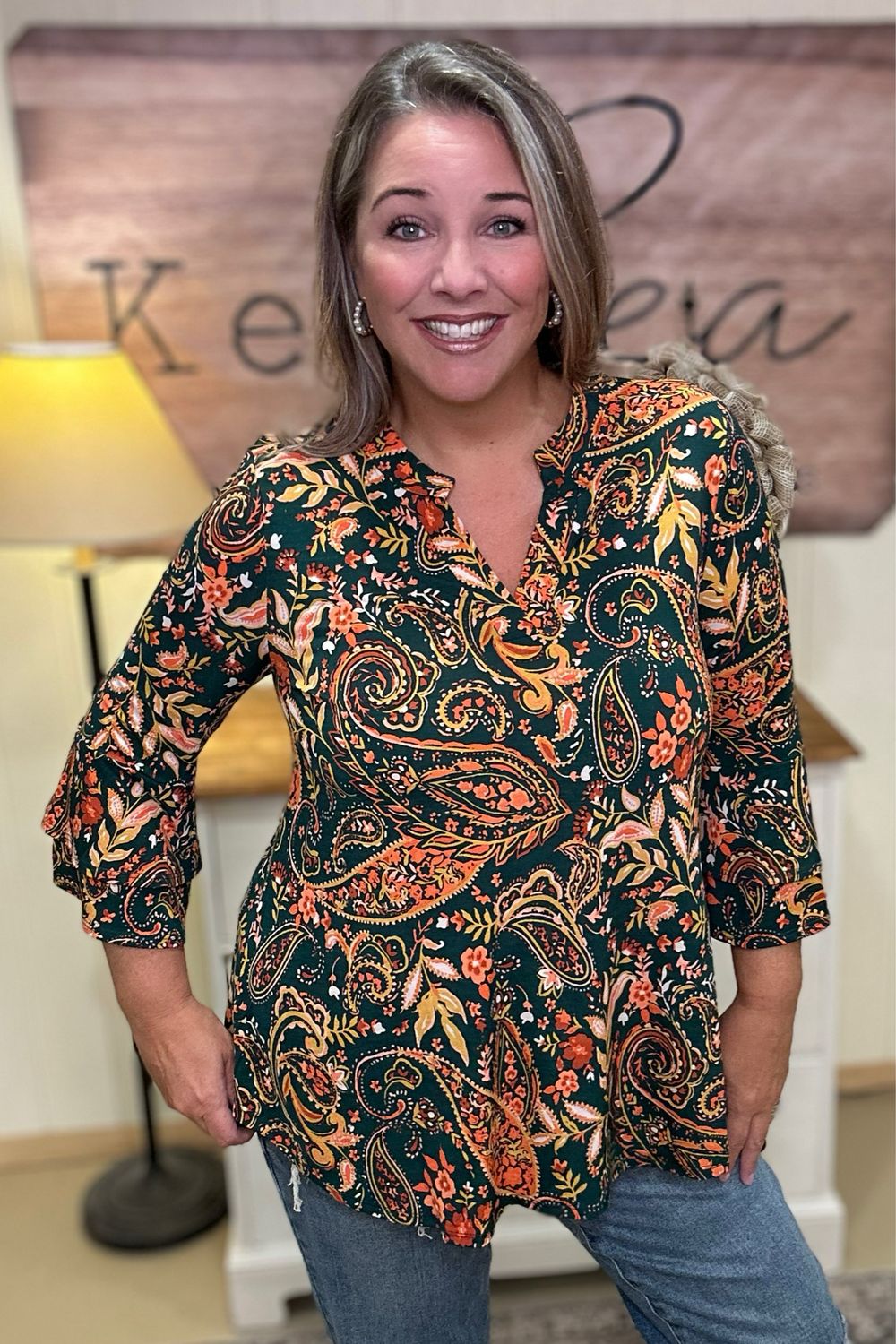 Hunter Green Paisley Bell Sleeve Top