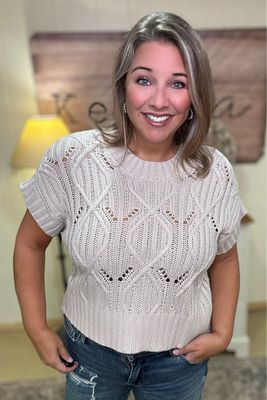 Sand Beige Cable Knit Short Sleeve Sweater