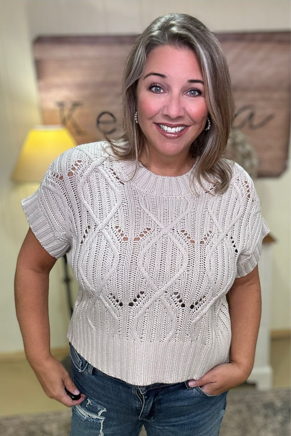Sand Beige Cable Knit Short Sleeve Sweater