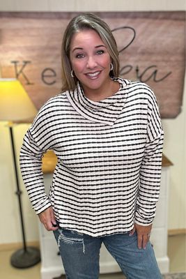 Oatmeal Stripe Mock Neck Top