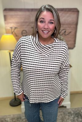 Oatmeal Stripe Mock Neck Top