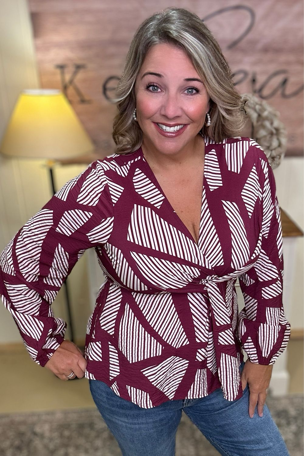 Wine Abstract Twist Peplum Blouse